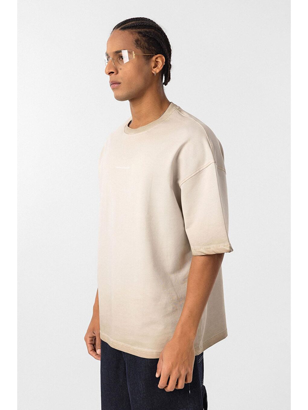 Bej Yıkamalı Oversize Tişört Taş-3