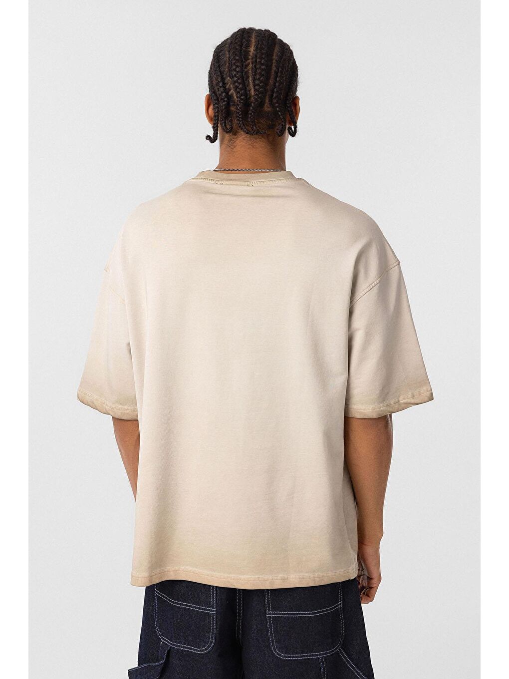 Bej Yıkamalı Oversize Tişört Taş-4