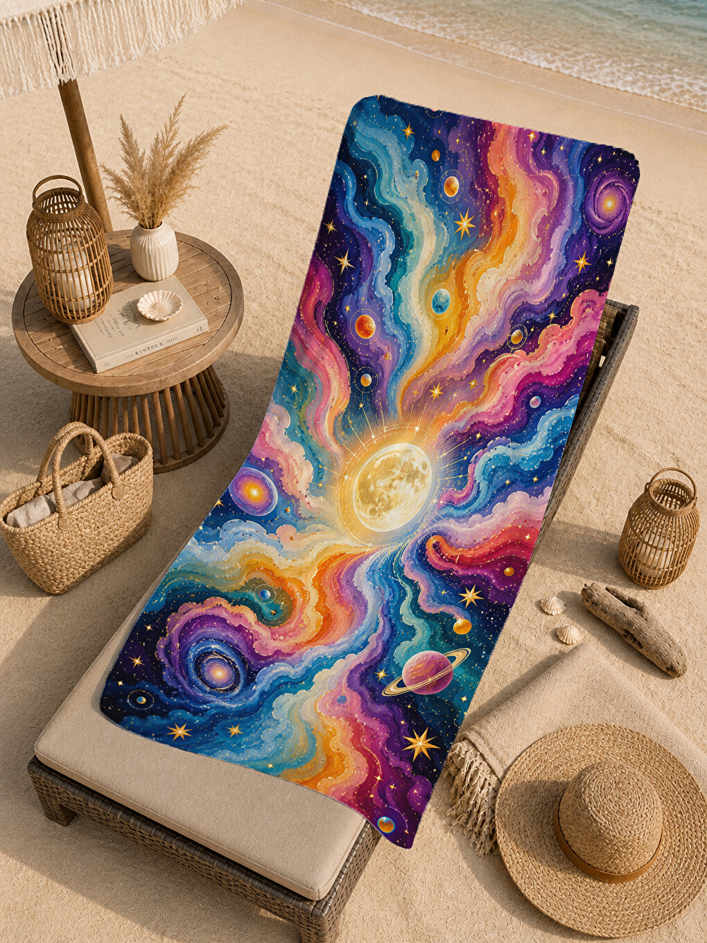 Mor Psychedelic Kozmik Galaksi Ve Nebula Desenli 70x150 Plaj Havlusu - Dijital Baskılı Banyo Havlusu-4