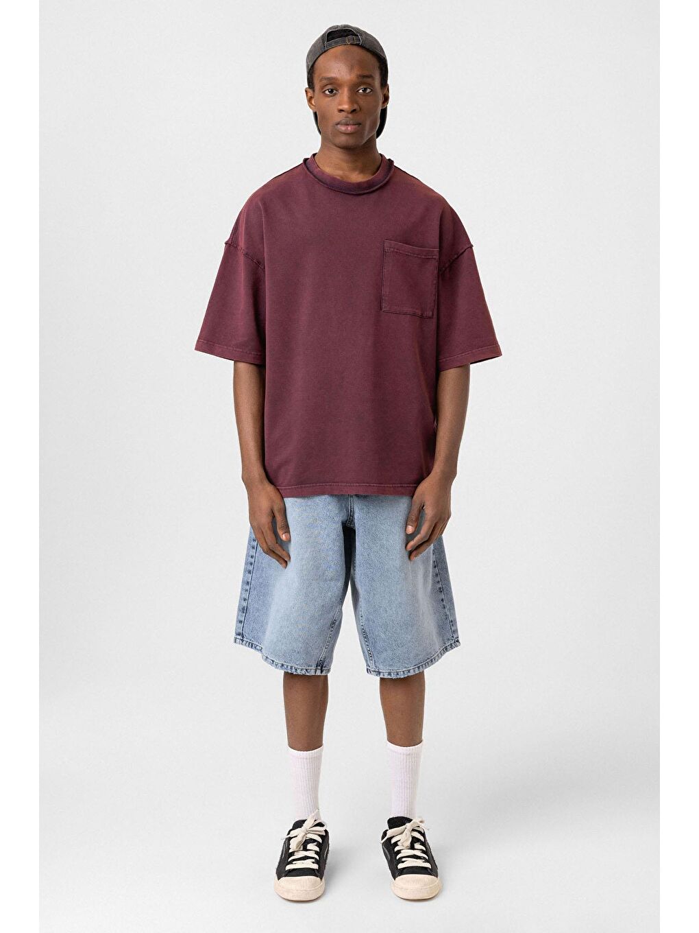 Yıkamalı Oversize Cepli Tişört Bordo