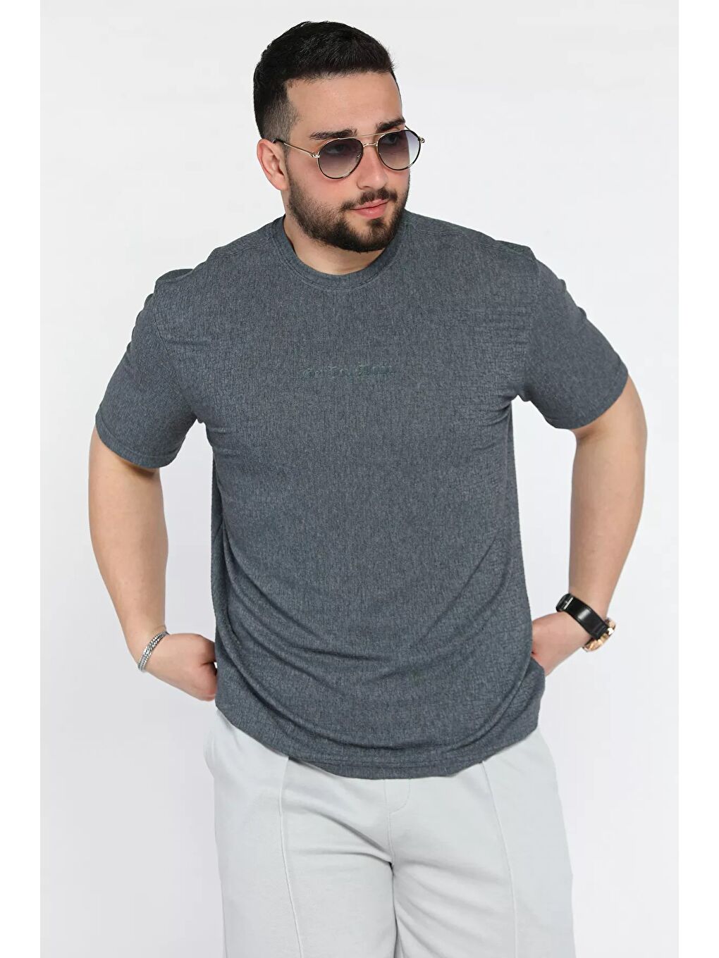 Petrol Bisiklet Yaka Kendinden Desenli Erkek Tişört-1