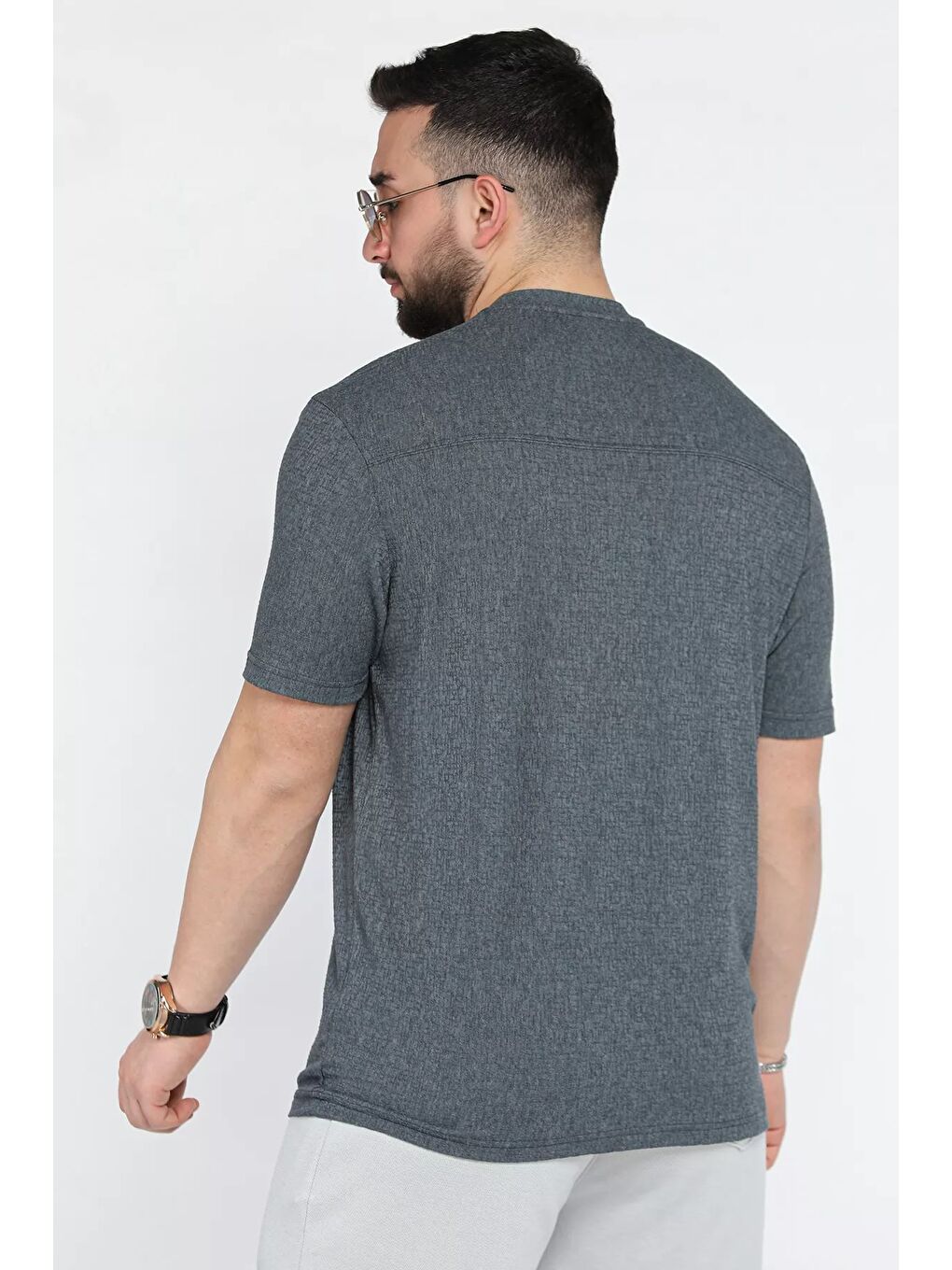 Petrol Bisiklet Yaka Kendinden Desenli Erkek Tişört-2