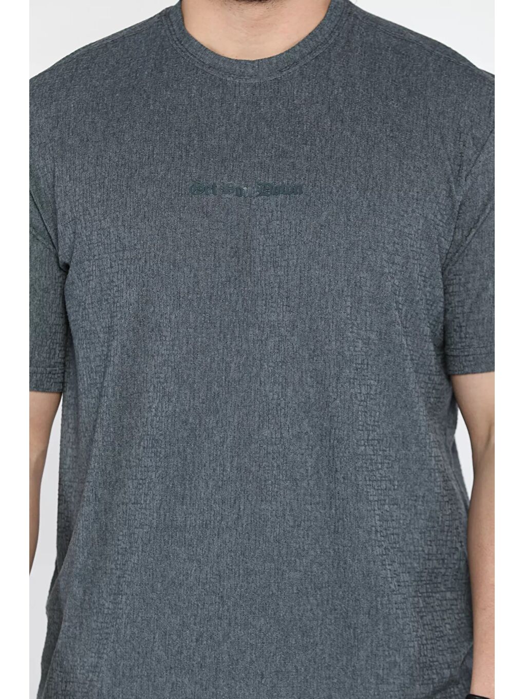 Petrol Bisiklet Yaka Kendinden Desenli Erkek Tişört-3