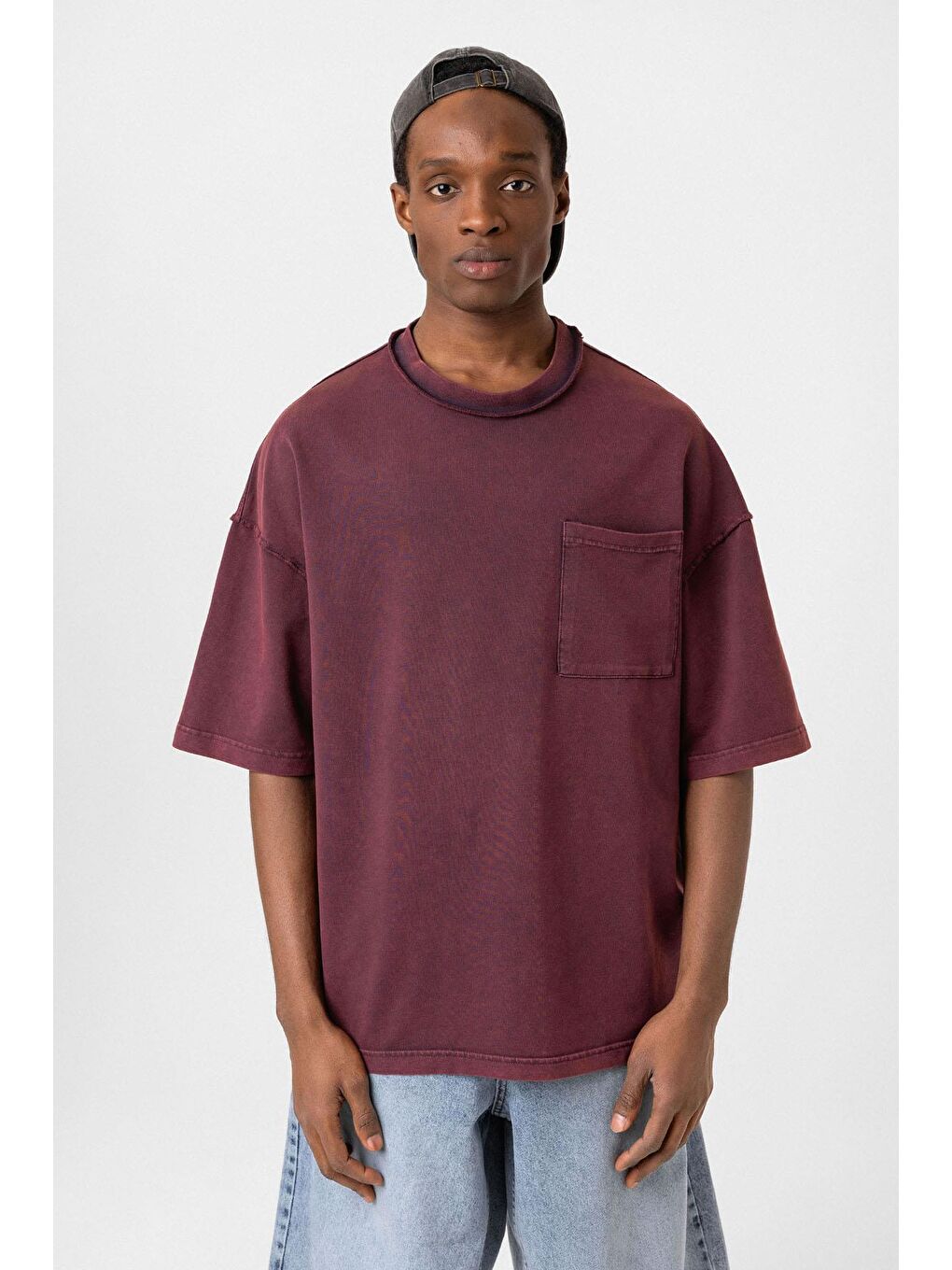 Yıkamalı Oversize Cepli Tişört Bordo-2