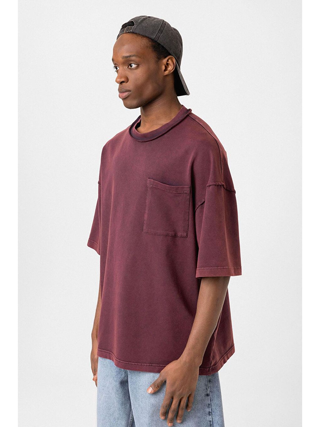 Yıkamalı Oversize Cepli Tişört Bordo-3