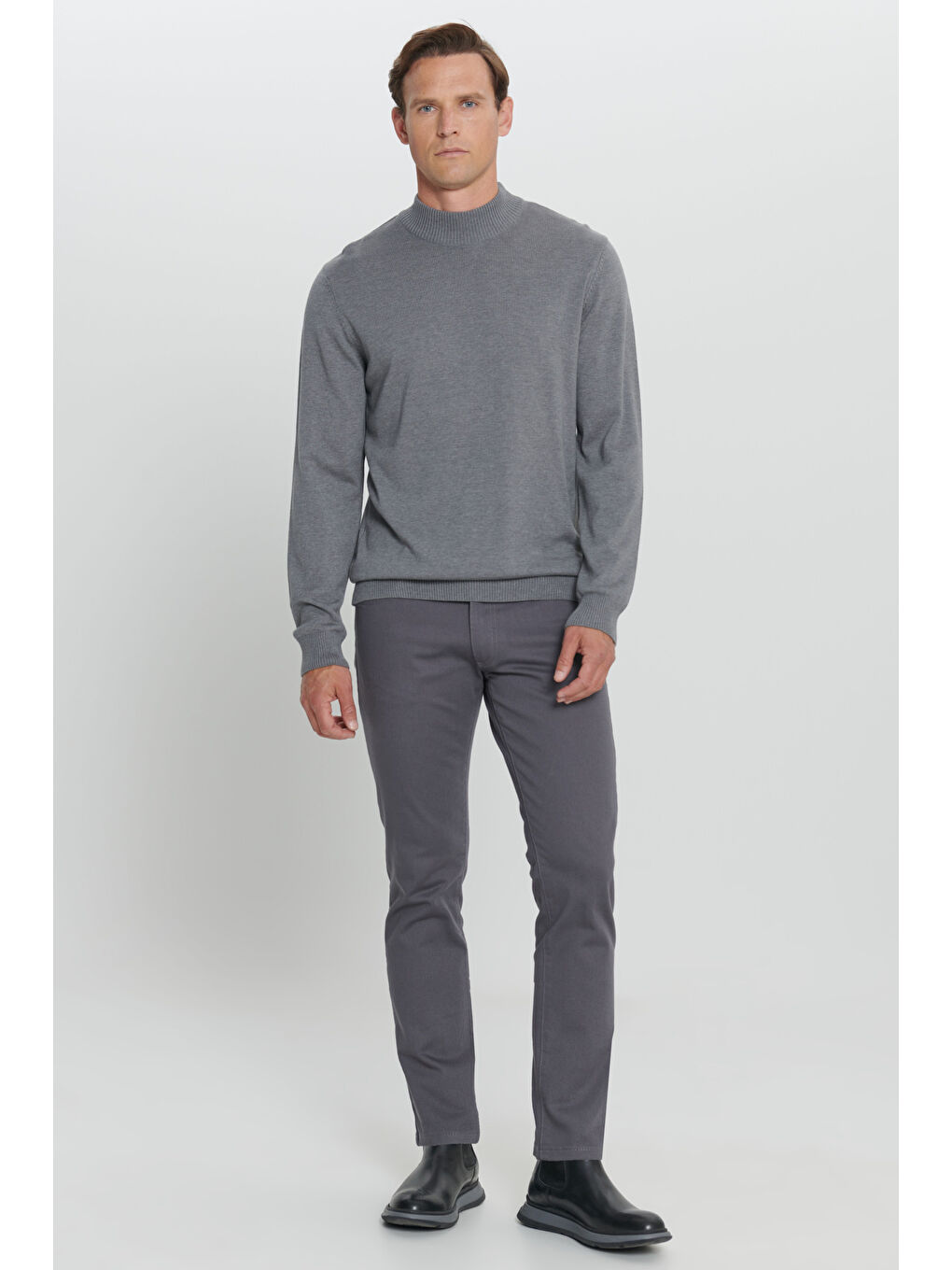 Erkek Gri Melanj Standart Fit Normal Kesim Yarım Balıkçı Yaka Pamuklu Triko Kazak-1