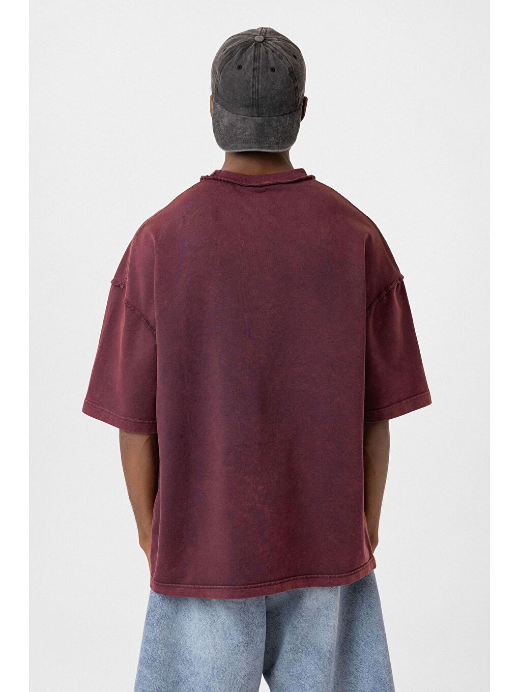 Yıkamalı Oversize Cepli Tişört Bordo-4