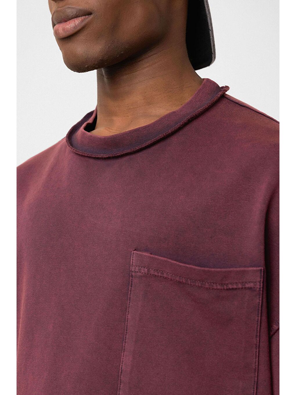 Yıkamalı Oversize Cepli Tişört Bordo-5
