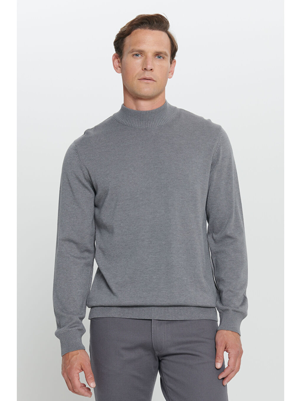 Erkek Gri Melanj Standart Fit Normal Kesim Yarım Balıkçı Yaka Pamuklu Triko Kazak-2