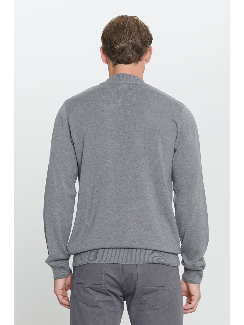 Erkek Gri Melanj Standart Fit Normal Kesim Yarım Balıkçı Yaka Pamuklu Triko Kazak-4