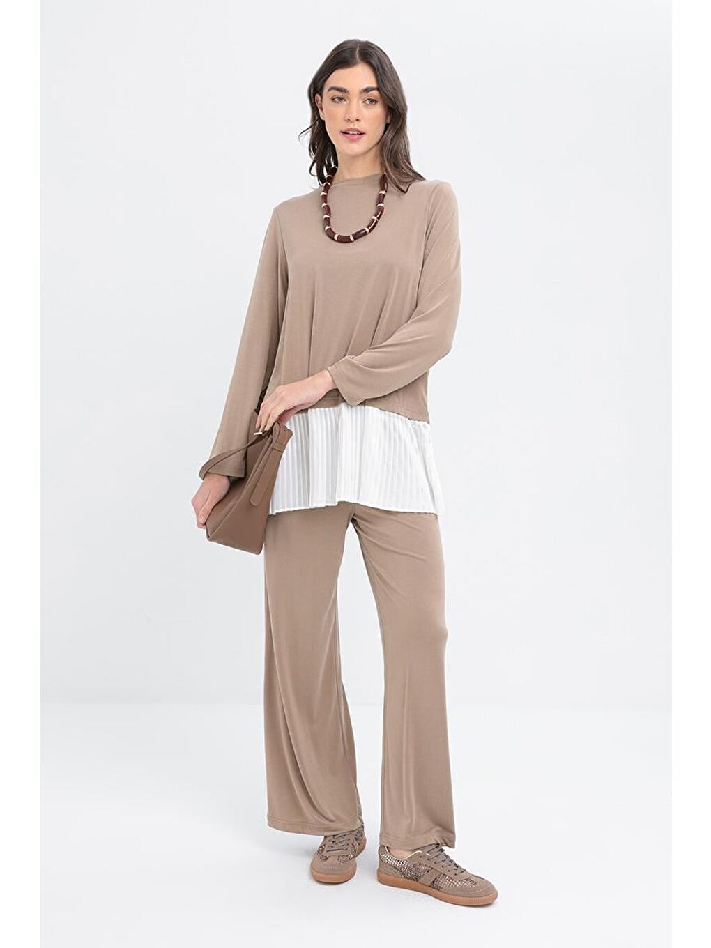 Bej Vizon-Pilise Garnili Pantolonlu Takım