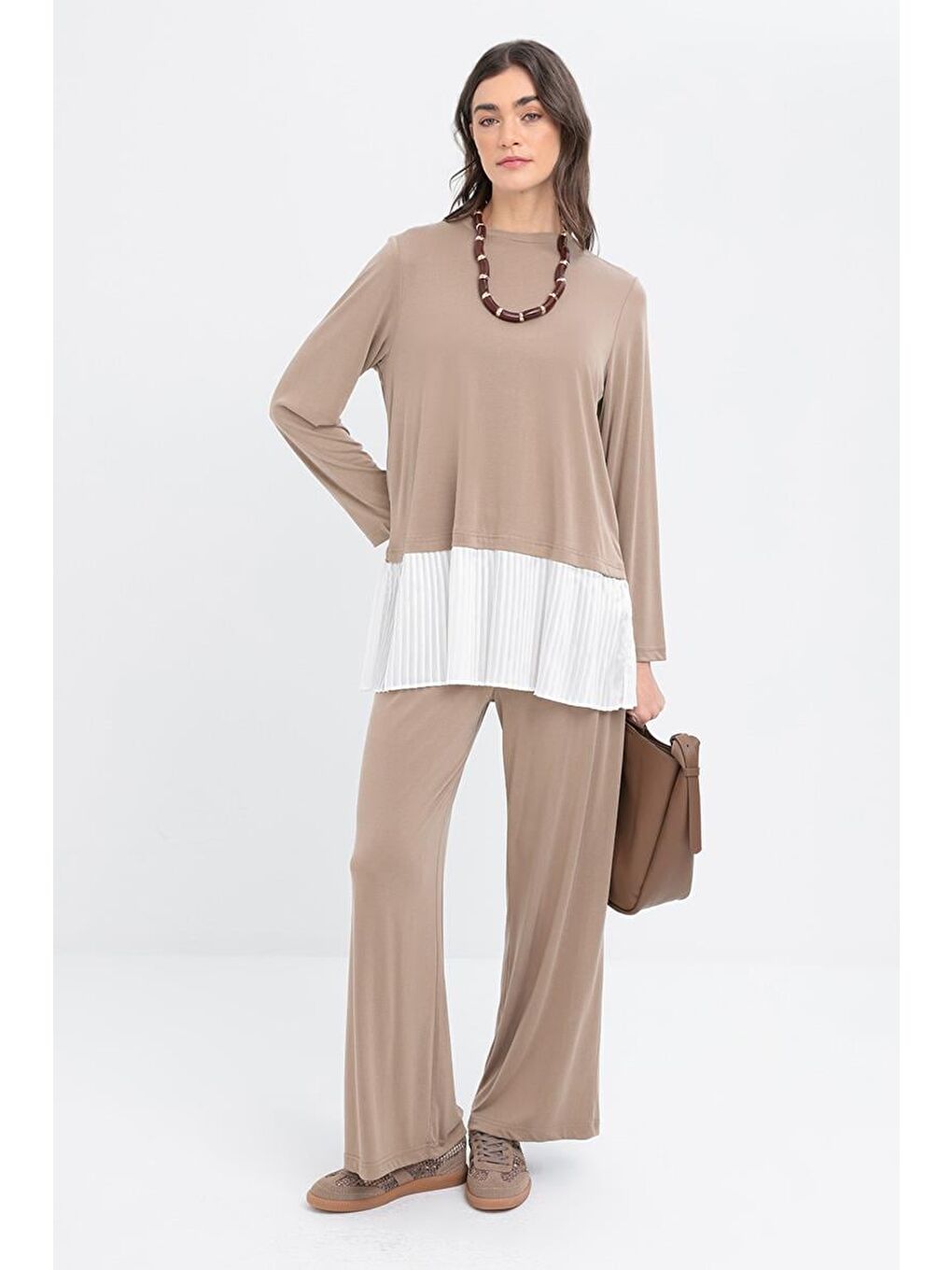 Bej Vizon-Pilise Garnili Pantolonlu Takım-1