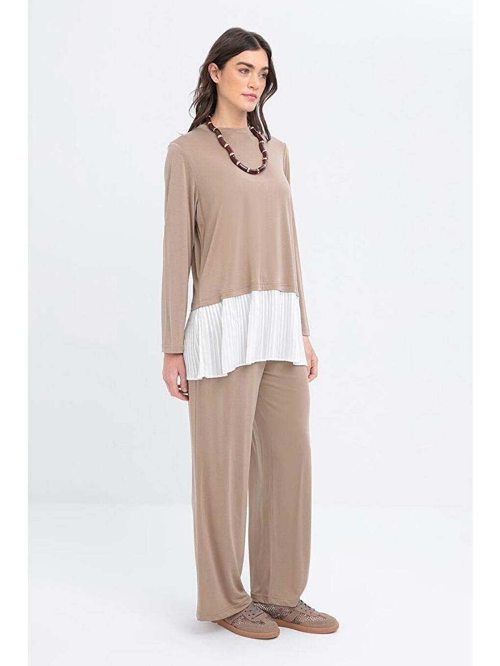 Bej Vizon-Pilise Garnili Pantolonlu Takım-2
