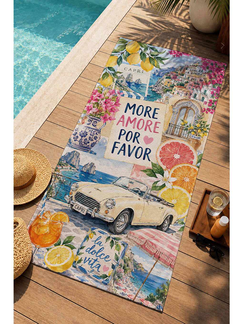 Retro Amore Yazılı İtalyan Kolaj Desenli 70x150 Plaj Havlusu - Dijital Baskılı Solmaz Banyo Havlusu