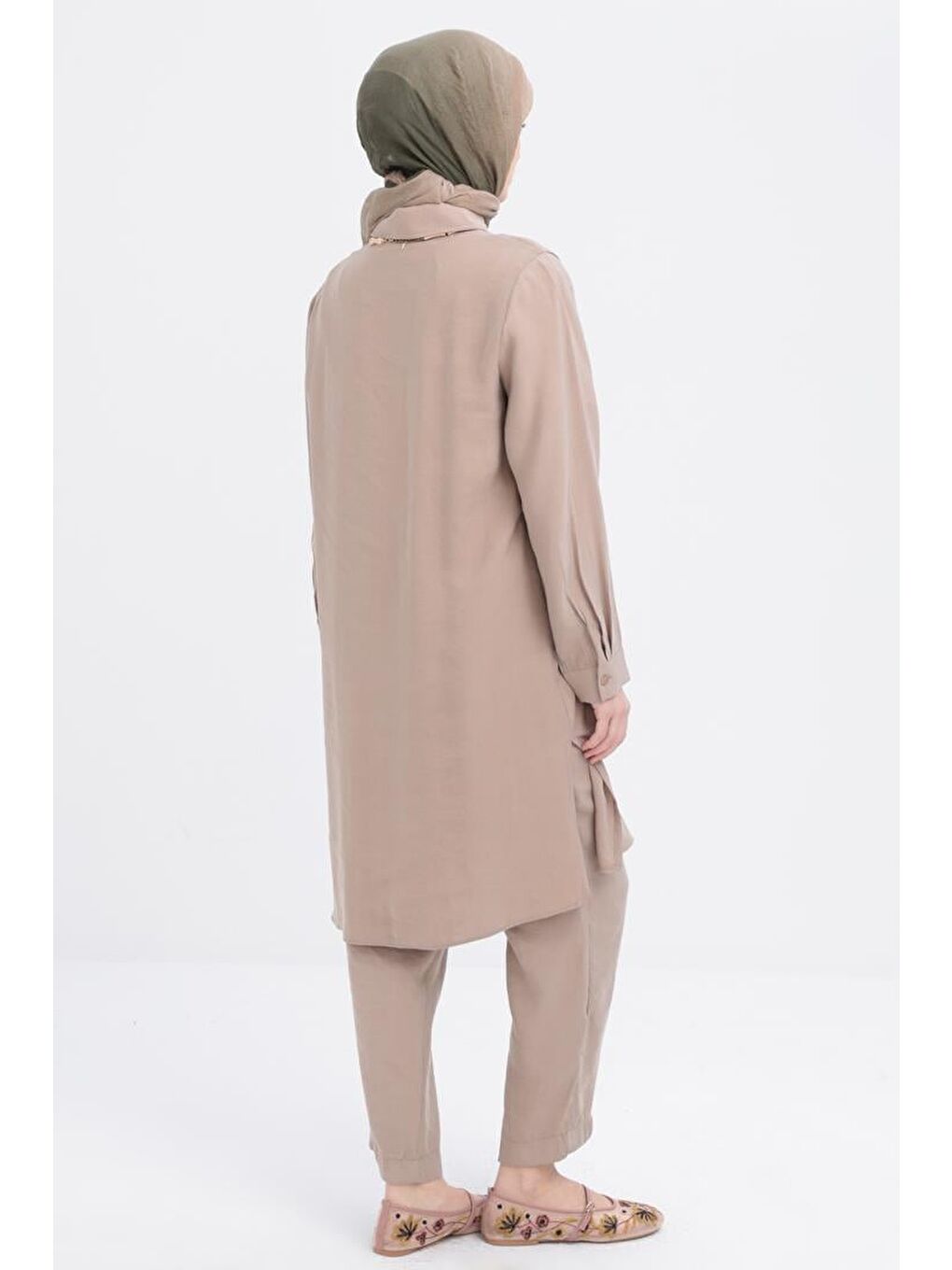 Bej Vizon-Nervürlü Yırtmaçlı Modal Pantolonlu Takım-2