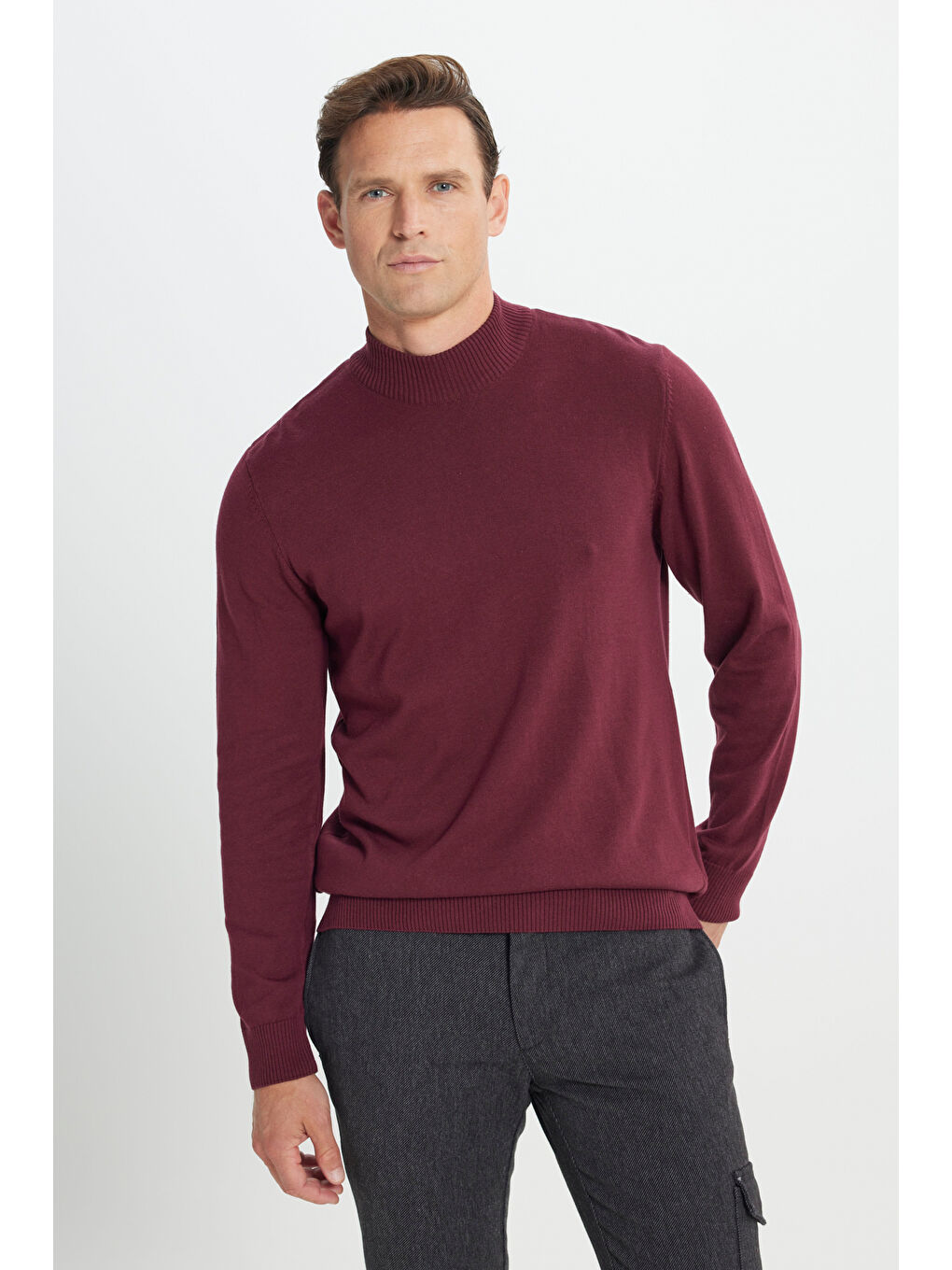 Erkek Bordo Standart Fit Normal Kesim Yarım Balıkçı Yaka Pamuklu Triko Kazak