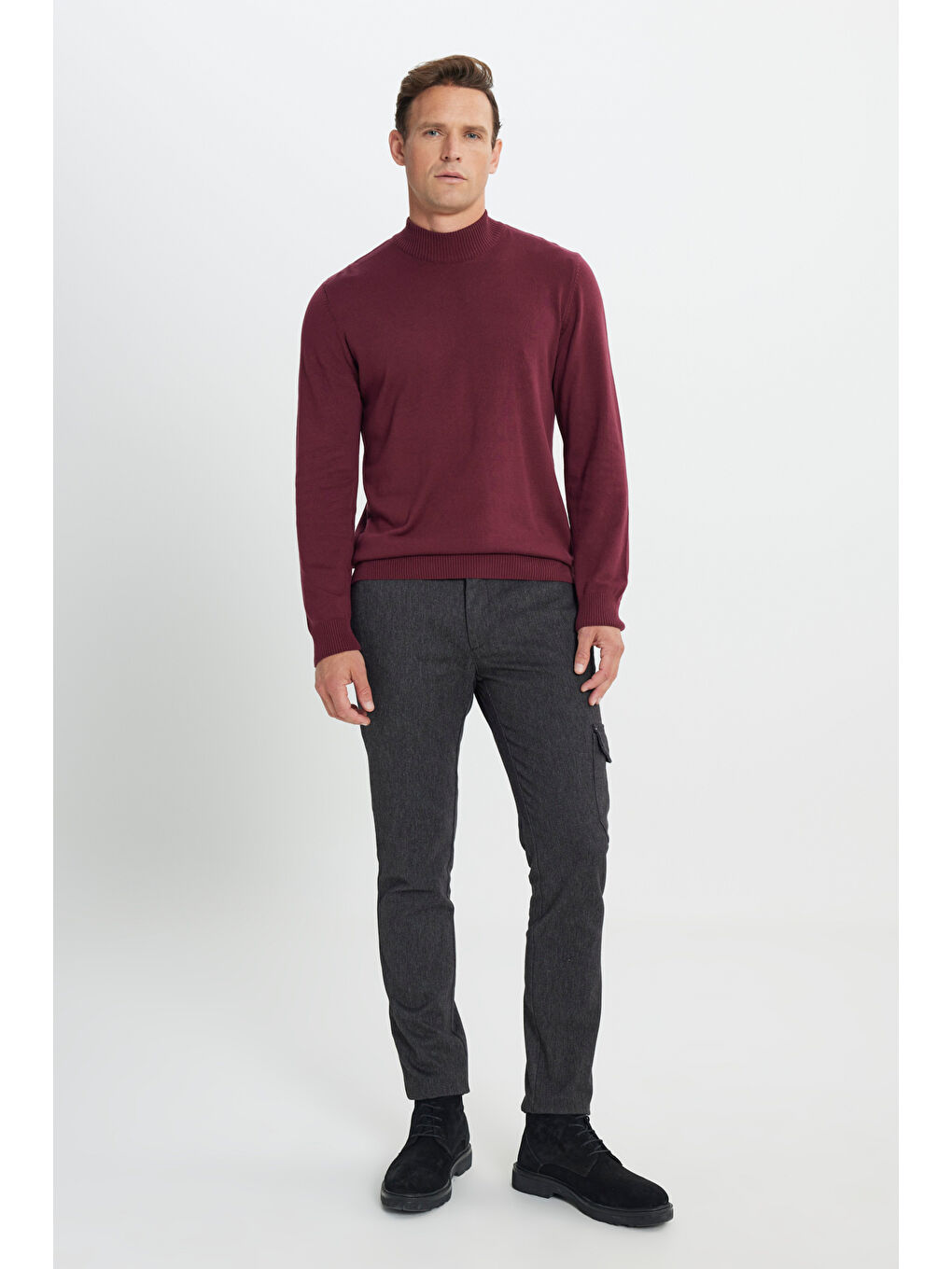 Erkek Bordo Standart Fit Normal Kesim Yarım Balıkçı Yaka Pamuklu Triko Kazak-1