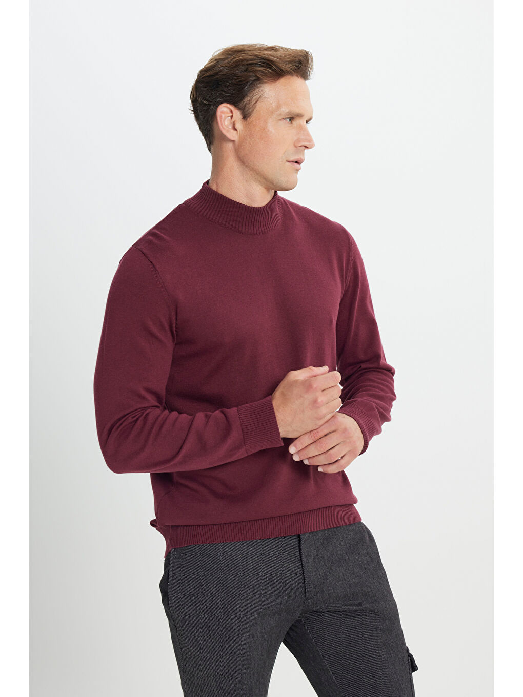 Erkek Bordo Standart Fit Normal Kesim Yarım Balıkçı Yaka Pamuklu Triko Kazak-2