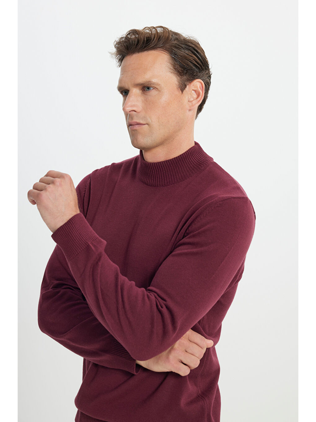 Erkek Bordo Standart Fit Normal Kesim Yarım Balıkçı Yaka Pamuklu Triko Kazak-3