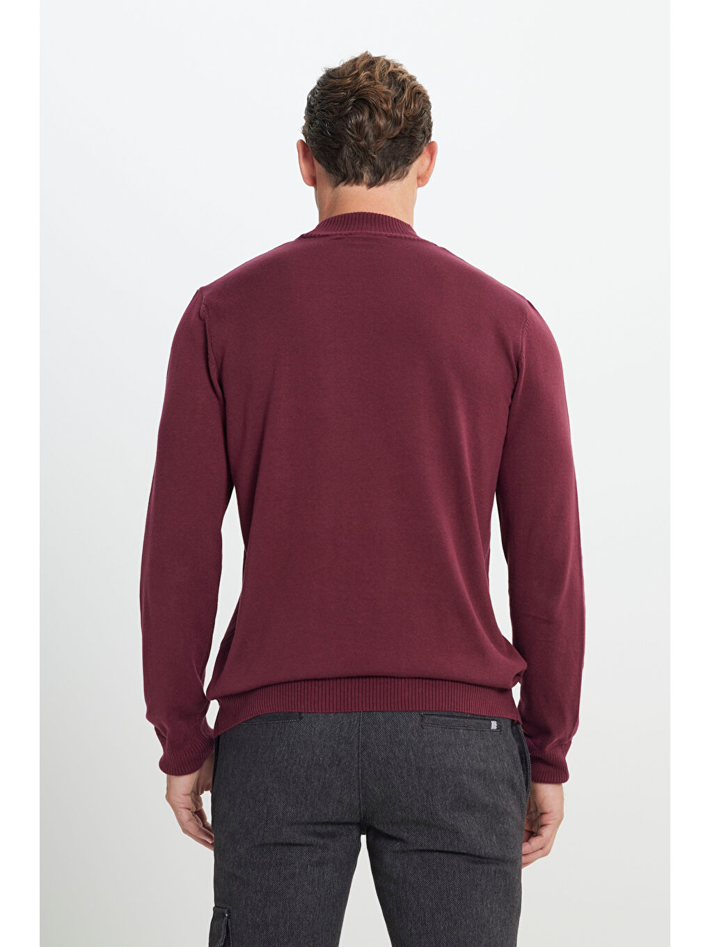 Erkek Bordo Standart Fit Normal Kesim Yarım Balıkçı Yaka Pamuklu Triko Kazak-5