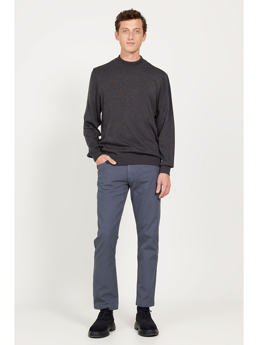 Erkek Antrasit-Melanj Standart Fit Normal Kesim Yarım Balıkçı Yaka Pamuklu Triko Kazak-1