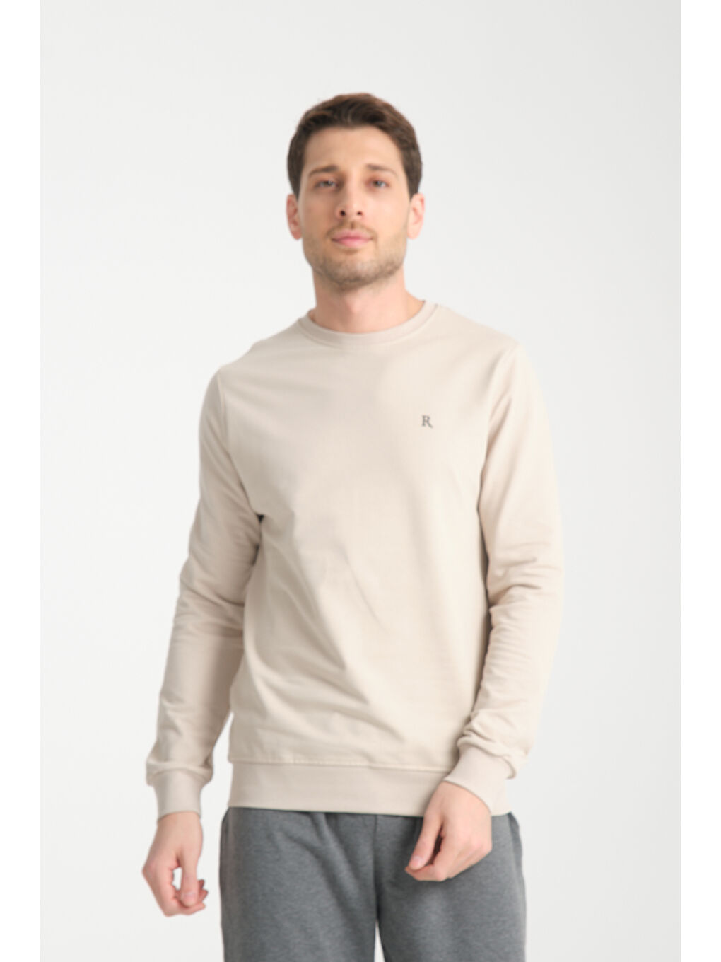 Bej Erkek Uzun Kol Bisiklet Yaka Sweatshirt 3206-1
