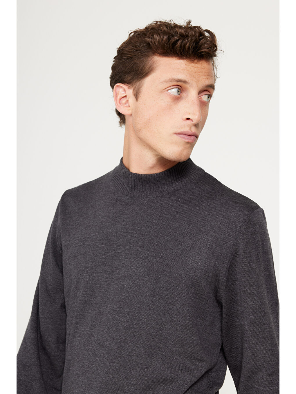 Erkek Antrasit-Melanj Standart Fit Normal Kesim Yarım Balıkçı Yaka Pamuklu Triko Kazak-3