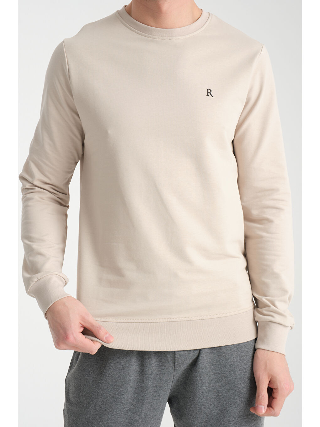 Bej Erkek Uzun Kol Bisiklet Yaka Sweatshirt 3206-3