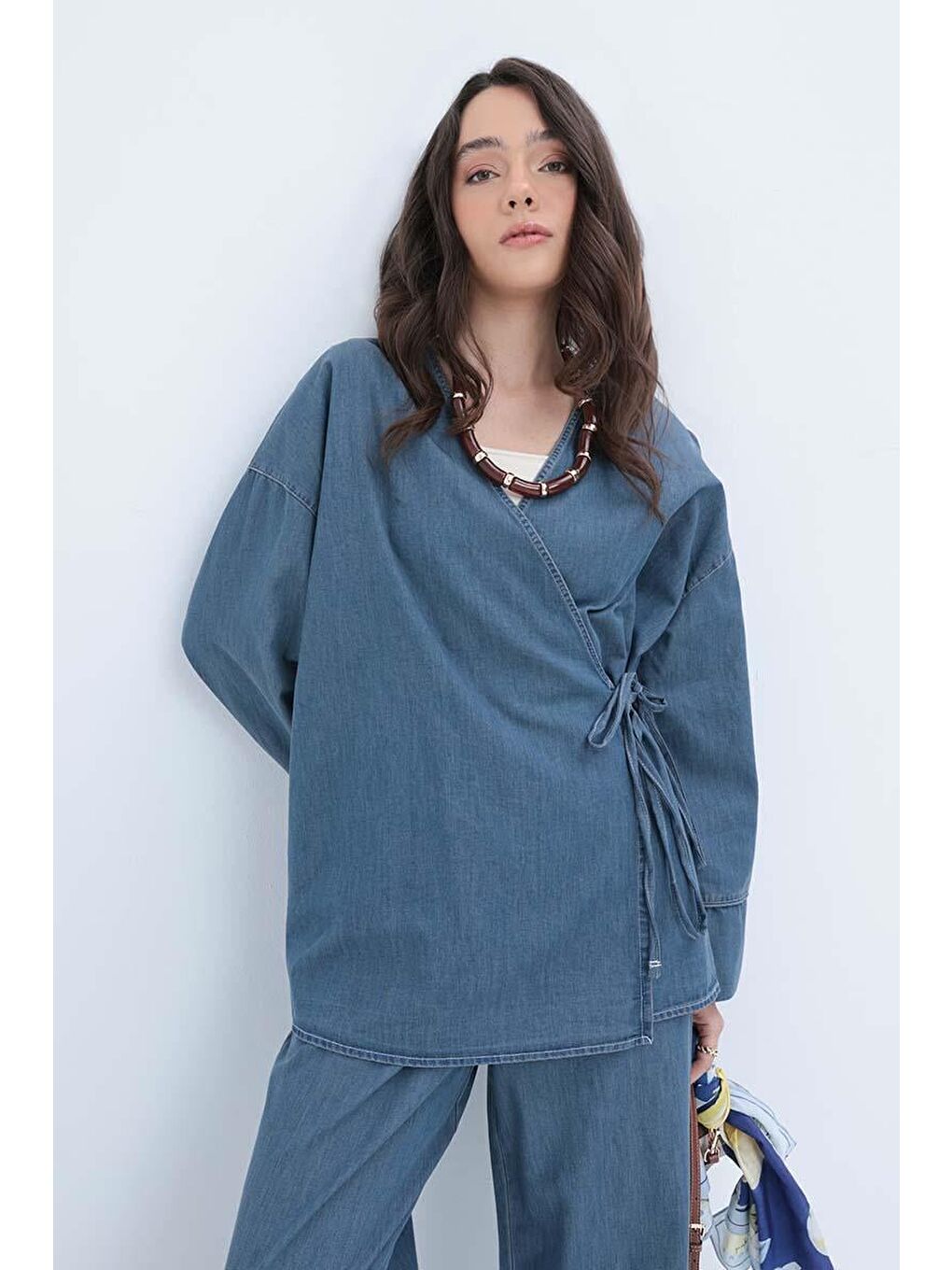 Açık Mavi-Bel Bağlamalı Pantolonlu Takım-4