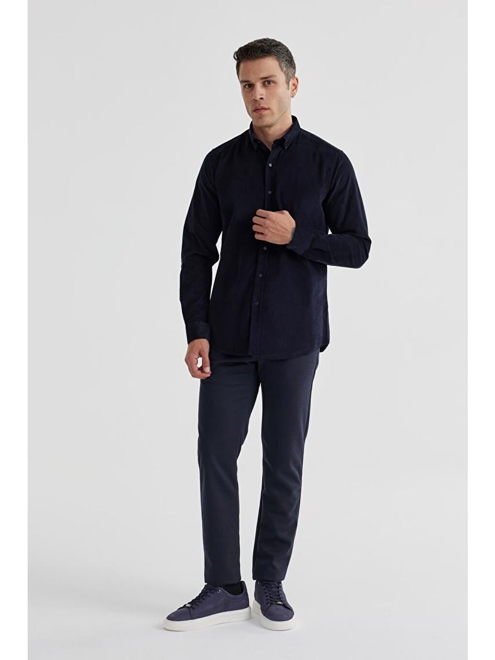 Lacivert Comfort Fit Düğmeli Yaka %100 Pamuklu Kadife Gömlek