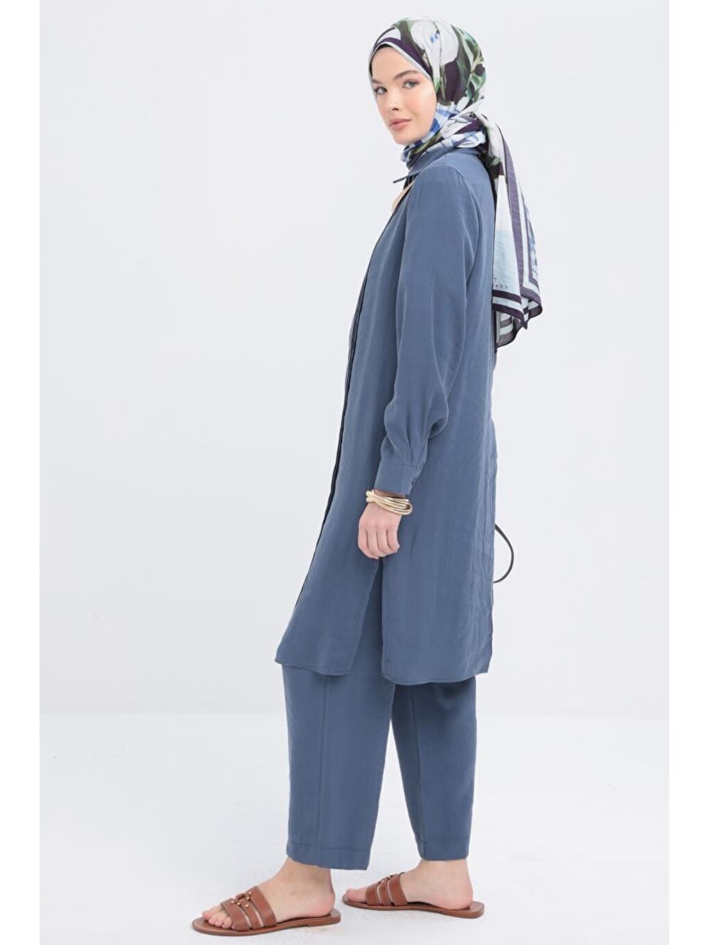 İndigo-Nervürlü Yırtmaçlı Modal Pantolonlu Takım-1