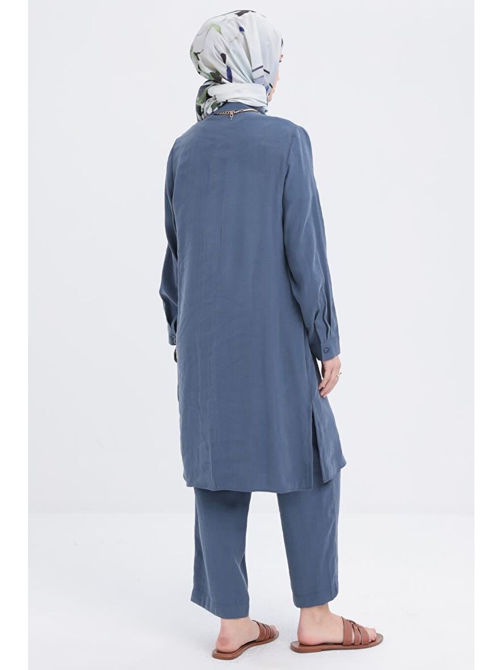 İndigo-Nervürlü Yırtmaçlı Modal Pantolonlu Takım-2