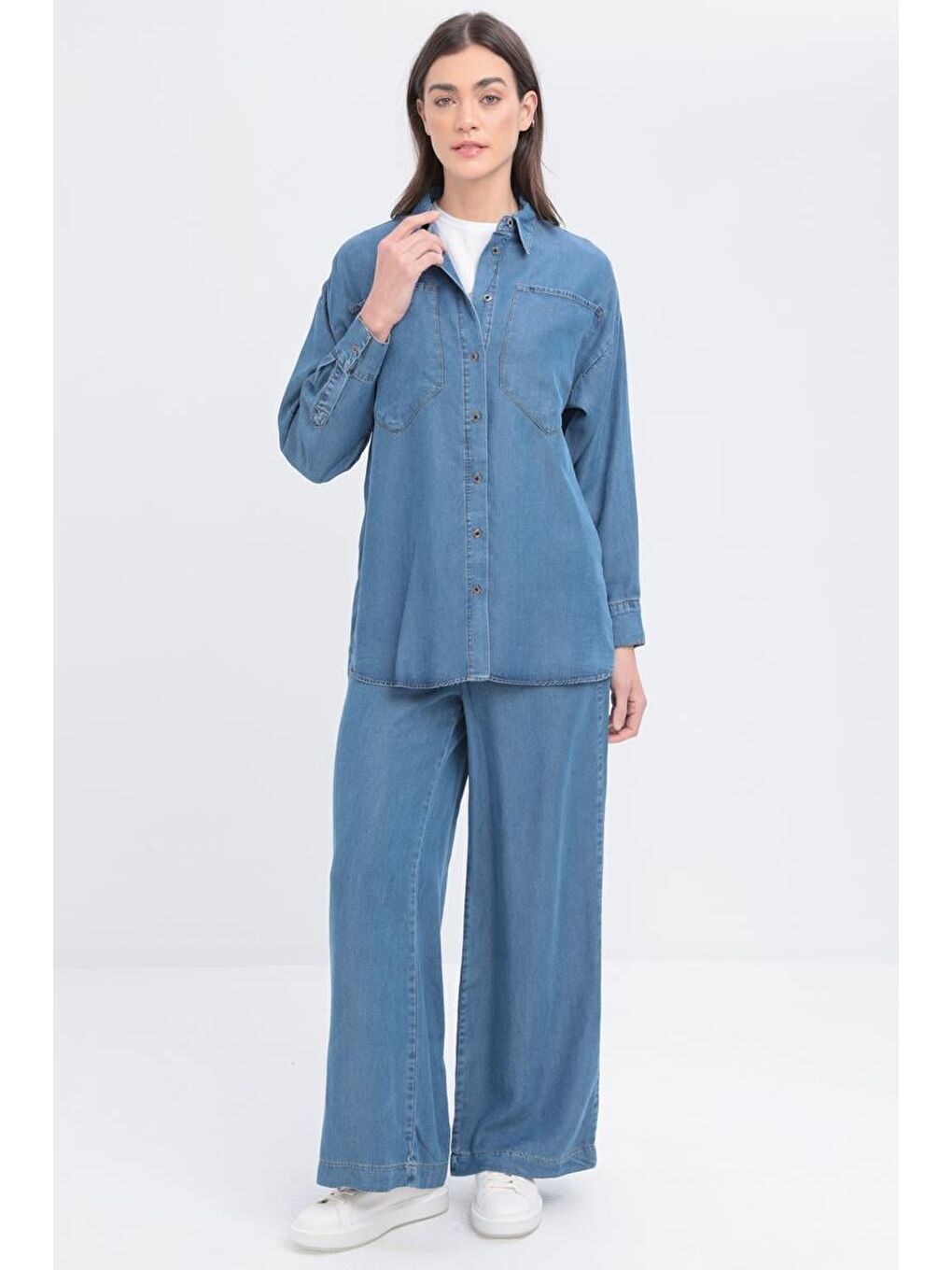 Açık Mavi-Büyük Cepli Denim Pantolonlu Takım