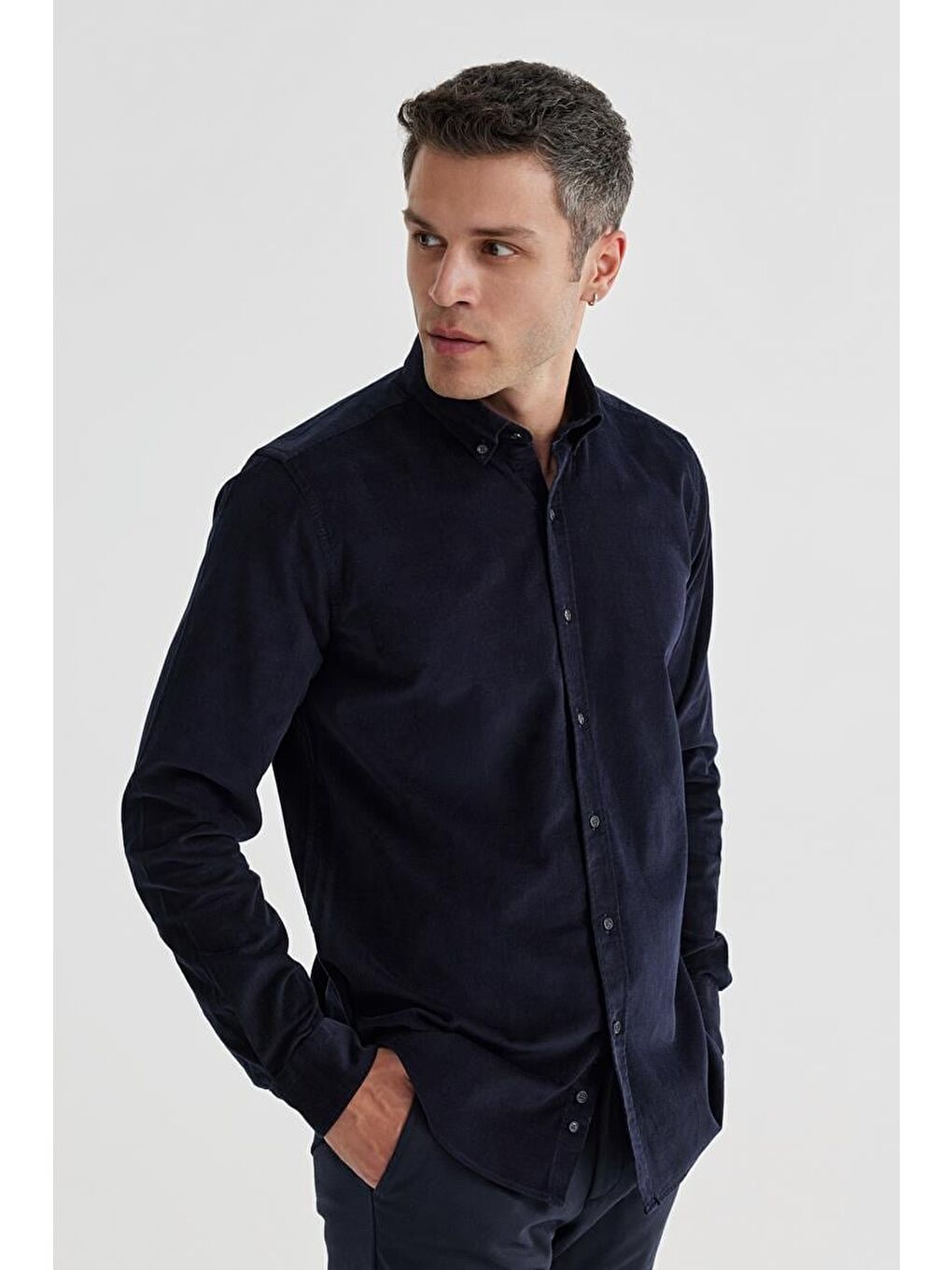 Lacivert Comfort Fit Düğmeli Yaka %100 Pamuklu Kadife Gömlek-1