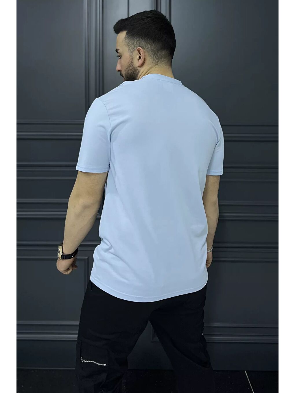 Mavi Erkek Bisiklet Yaka Baskılı Şerit Detaylı Tişört-2