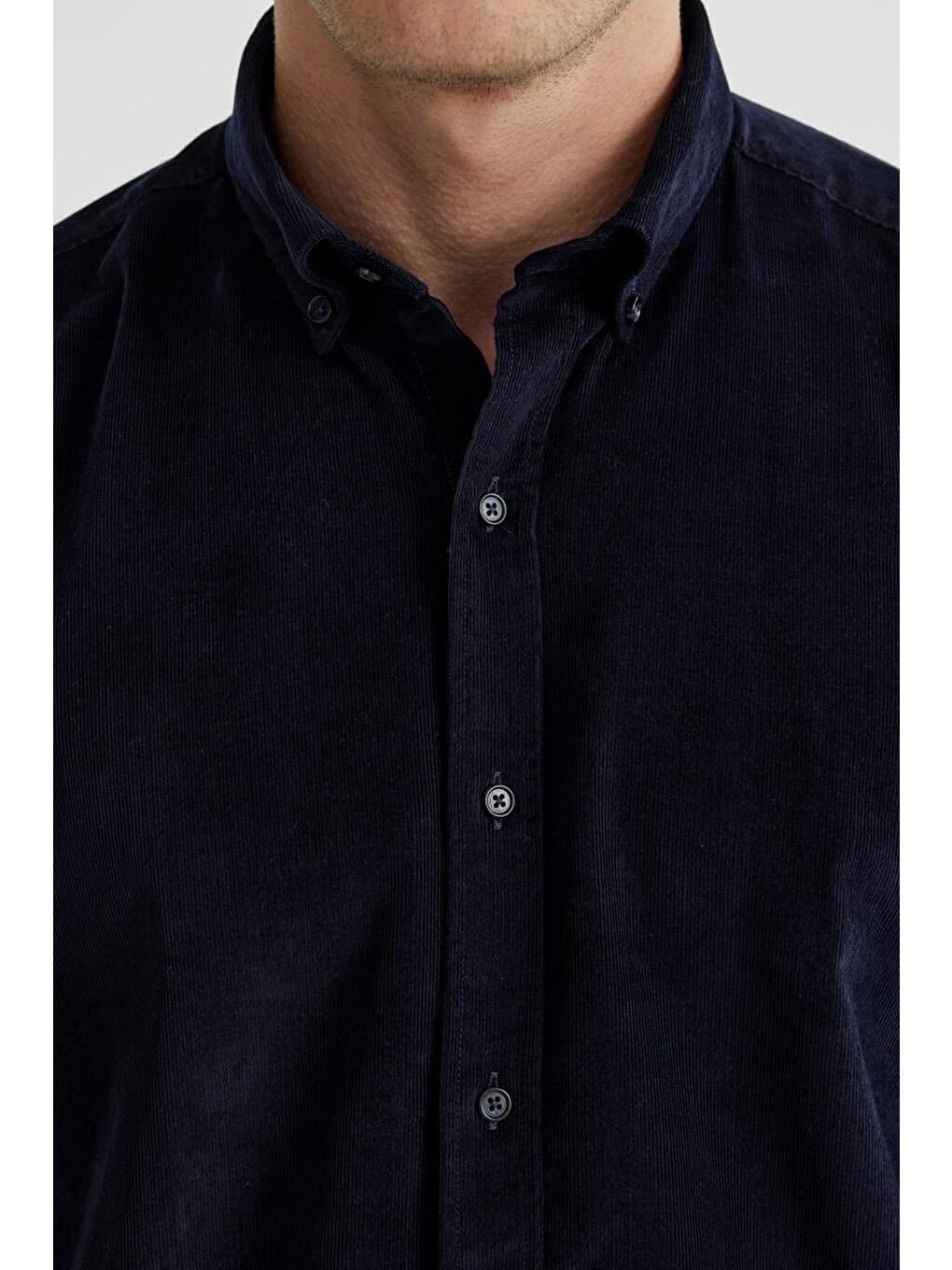 Lacivert Comfort Fit Düğmeli Yaka %100 Pamuklu Kadife Gömlek-2