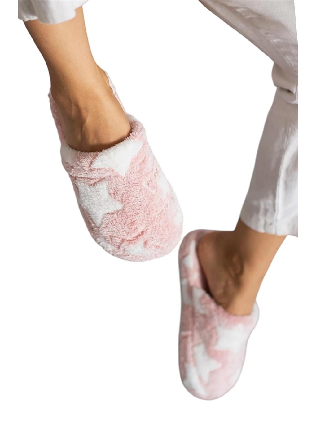 Pembe Önü Kapalı Yıldız Baskılı Pelüş Kadın Ev Terliği Pudra-2