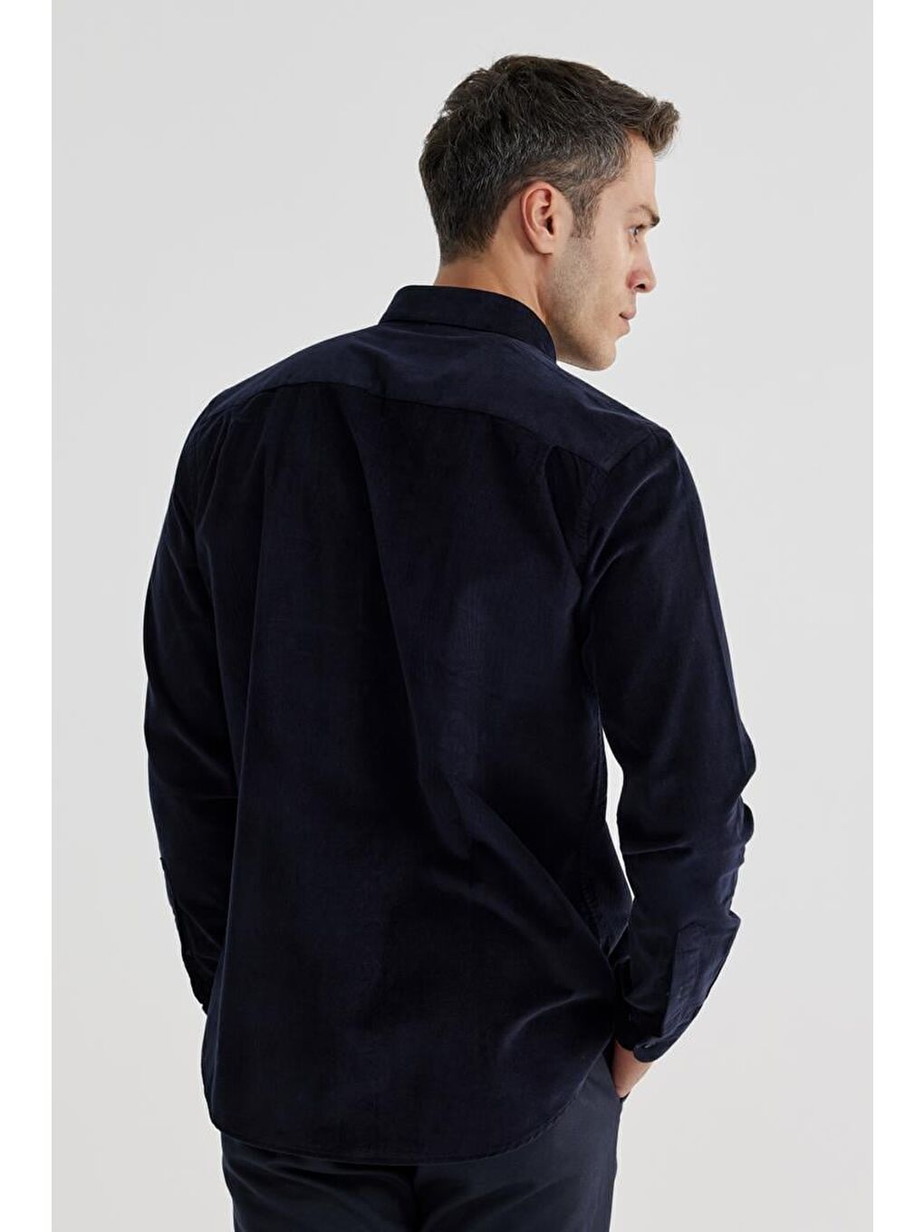 Lacivert Comfort Fit Düğmeli Yaka %100 Pamuklu Kadife Gömlek-3