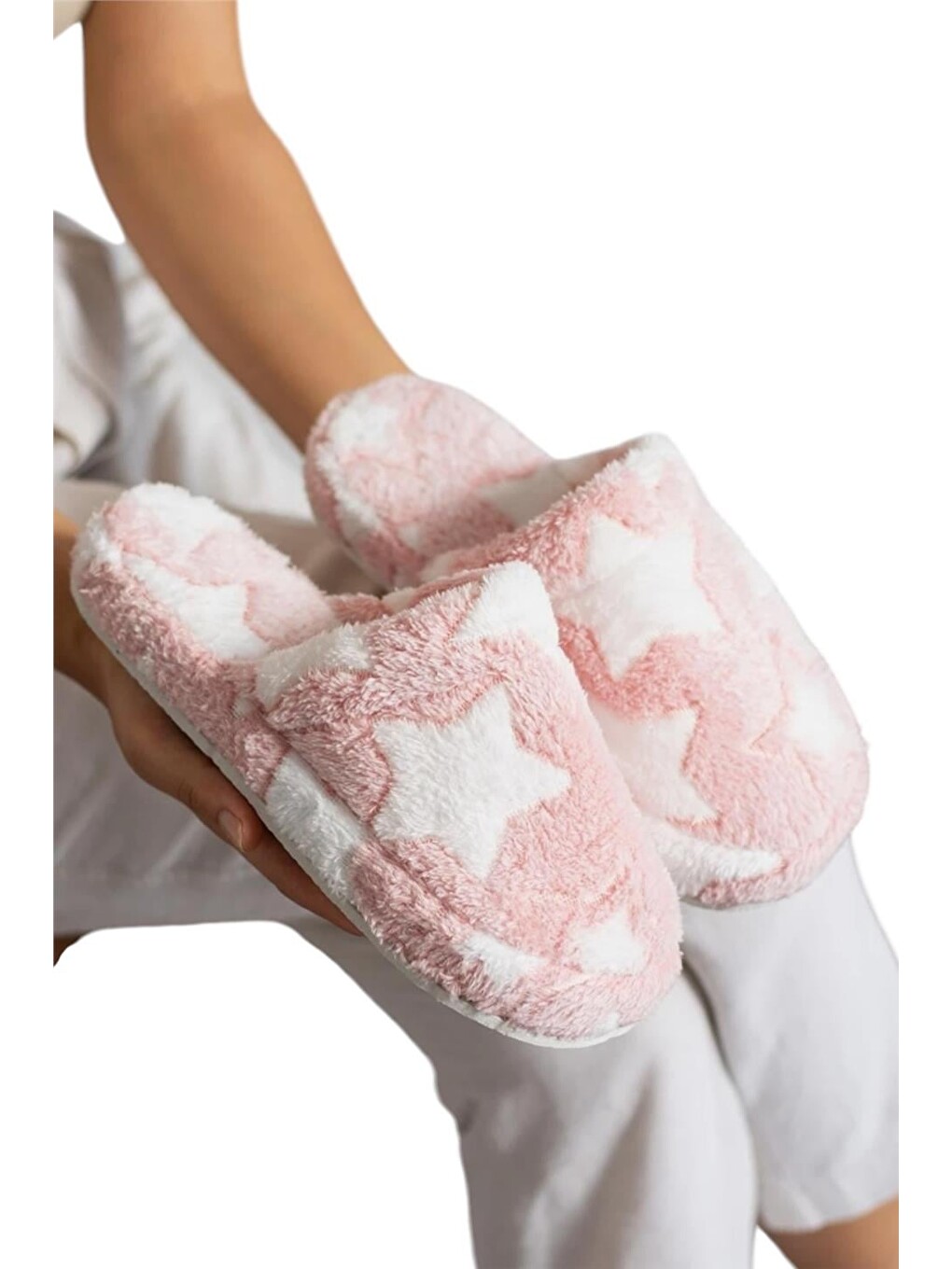 Pembe Önü Kapalı Yıldız Baskılı Pelüş Kadın Ev Terliği Pudra-3