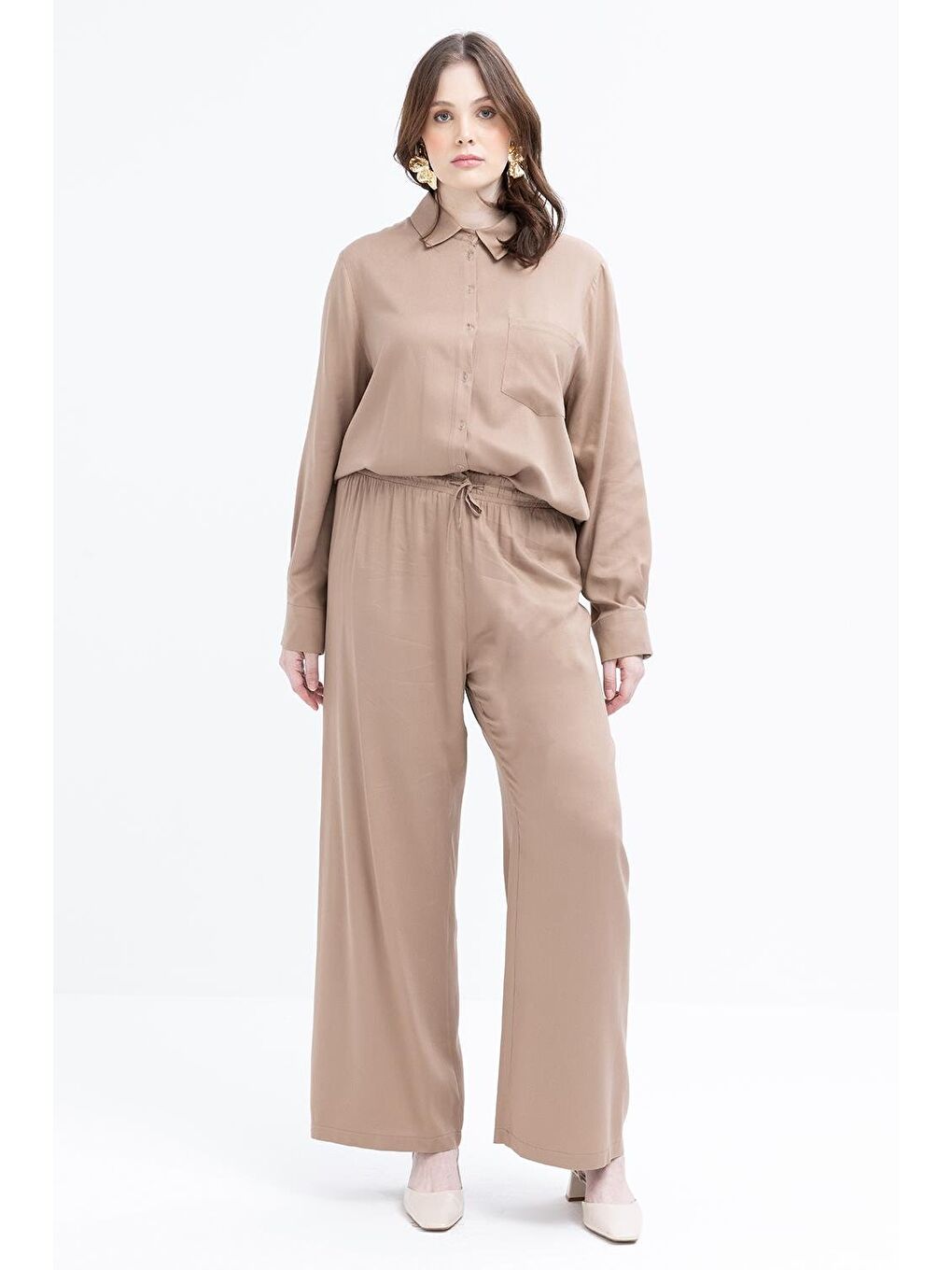 Bej Vizon-Cep Detaylı Büyük Beden Pantolonlu Takım-3
