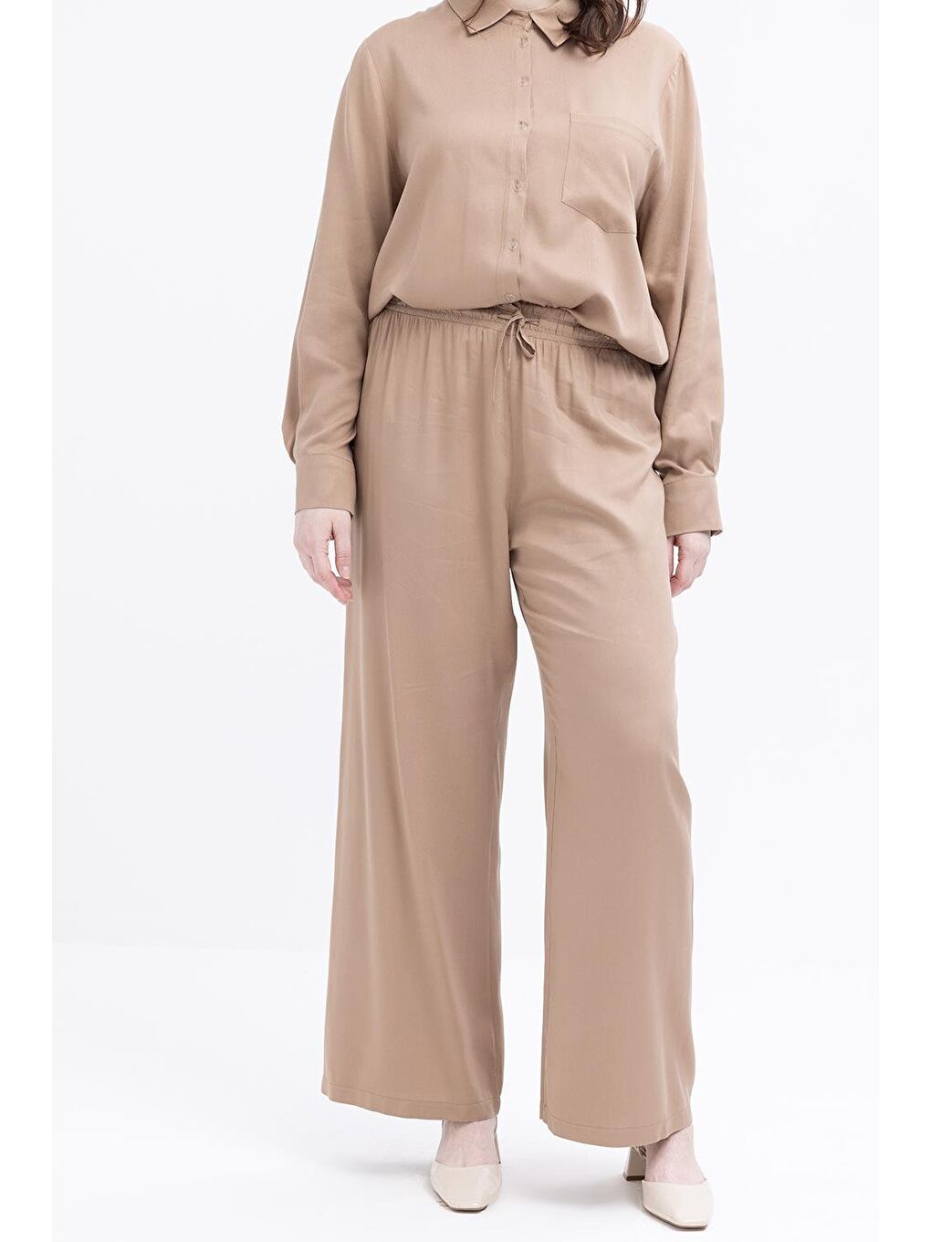 Bej Vizon-Cep Detaylı Büyük Beden Pantolonlu Takım-4