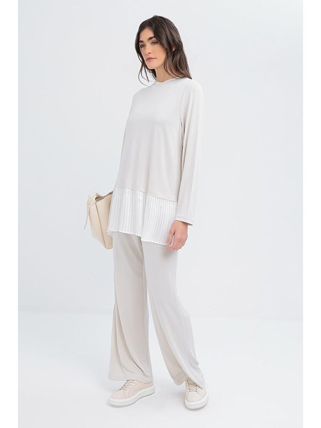 Bej Taş-Pilise Garnili Pantolonlu Takım-1