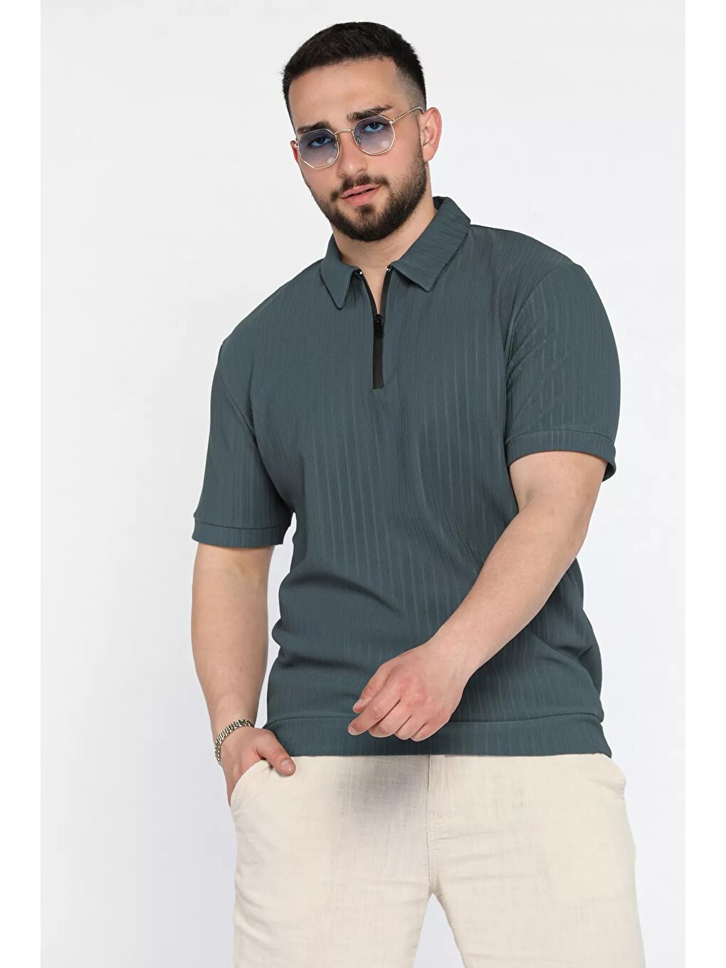 Petrol Erkek Polo Yaka Yarım Fermuarlı Tişört