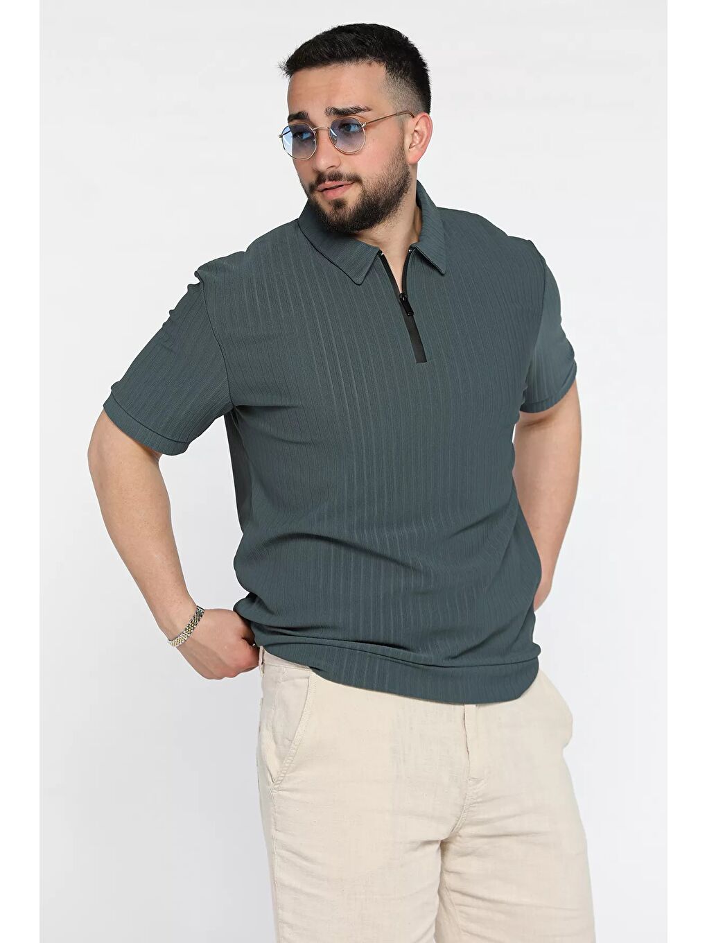 Petrol Erkek Polo Yaka Yarım Fermuarlı Tişört-1