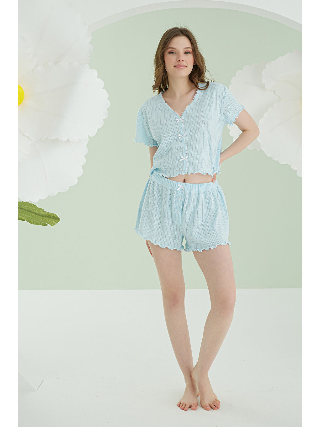 Mavi Ribbon Şortlu Pijama Takımı-1