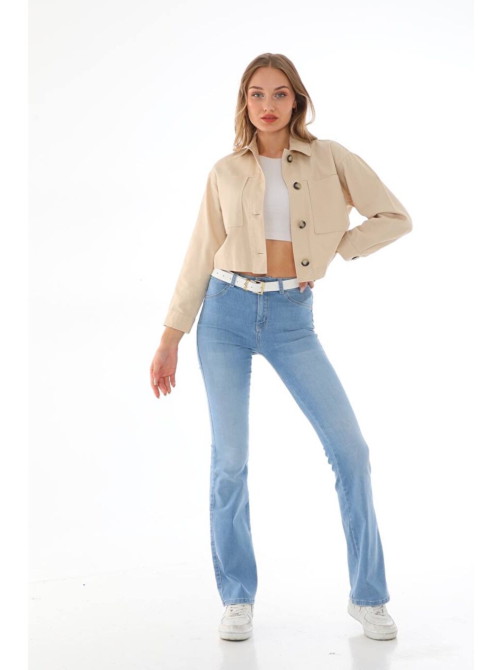 Pera Moda Bej Çift Cepli Crop Ceket - 1