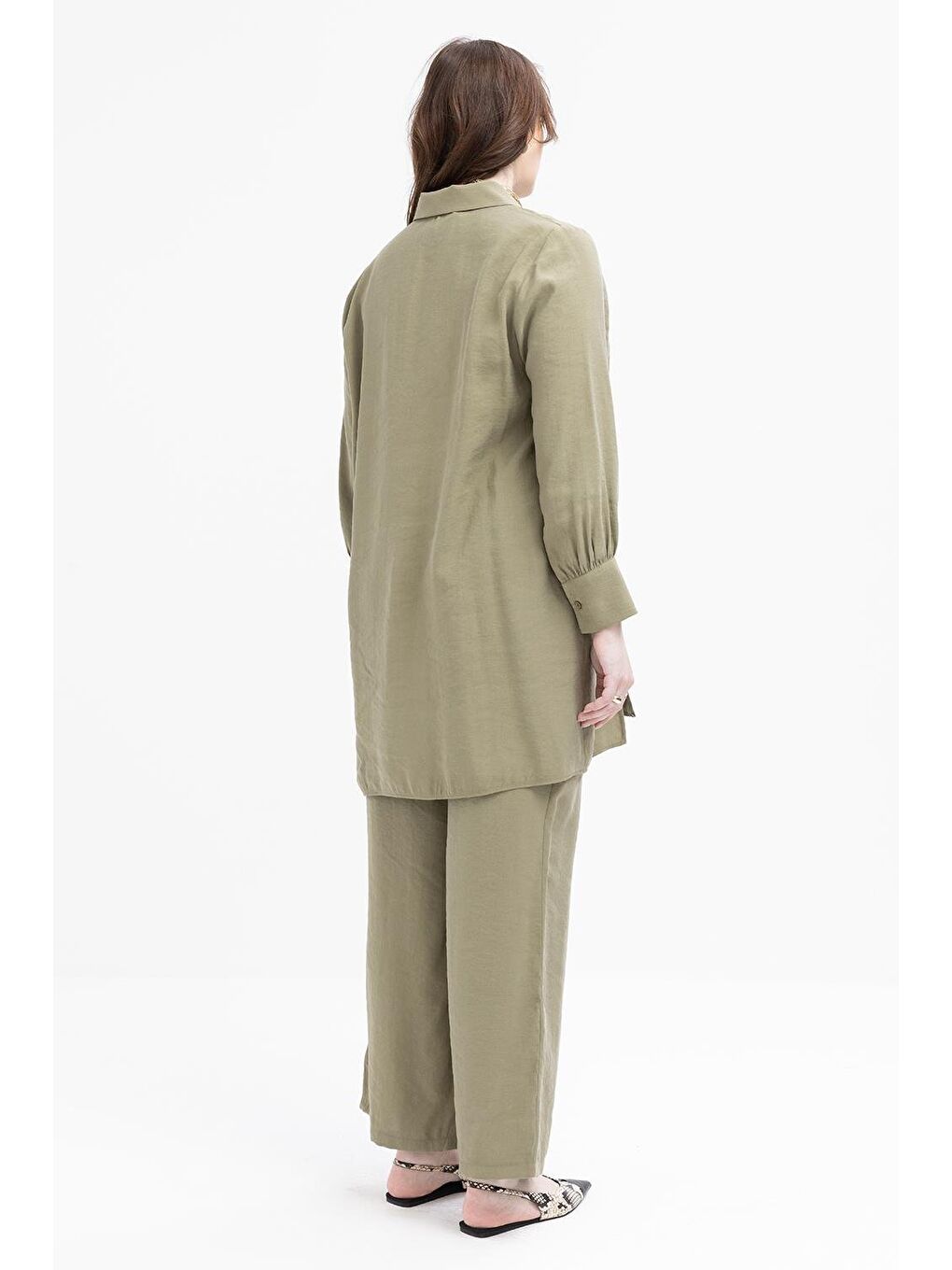 Haki-Yırtmaç Detaylı Büyük Beden Modal Pantolonlu Takım-2