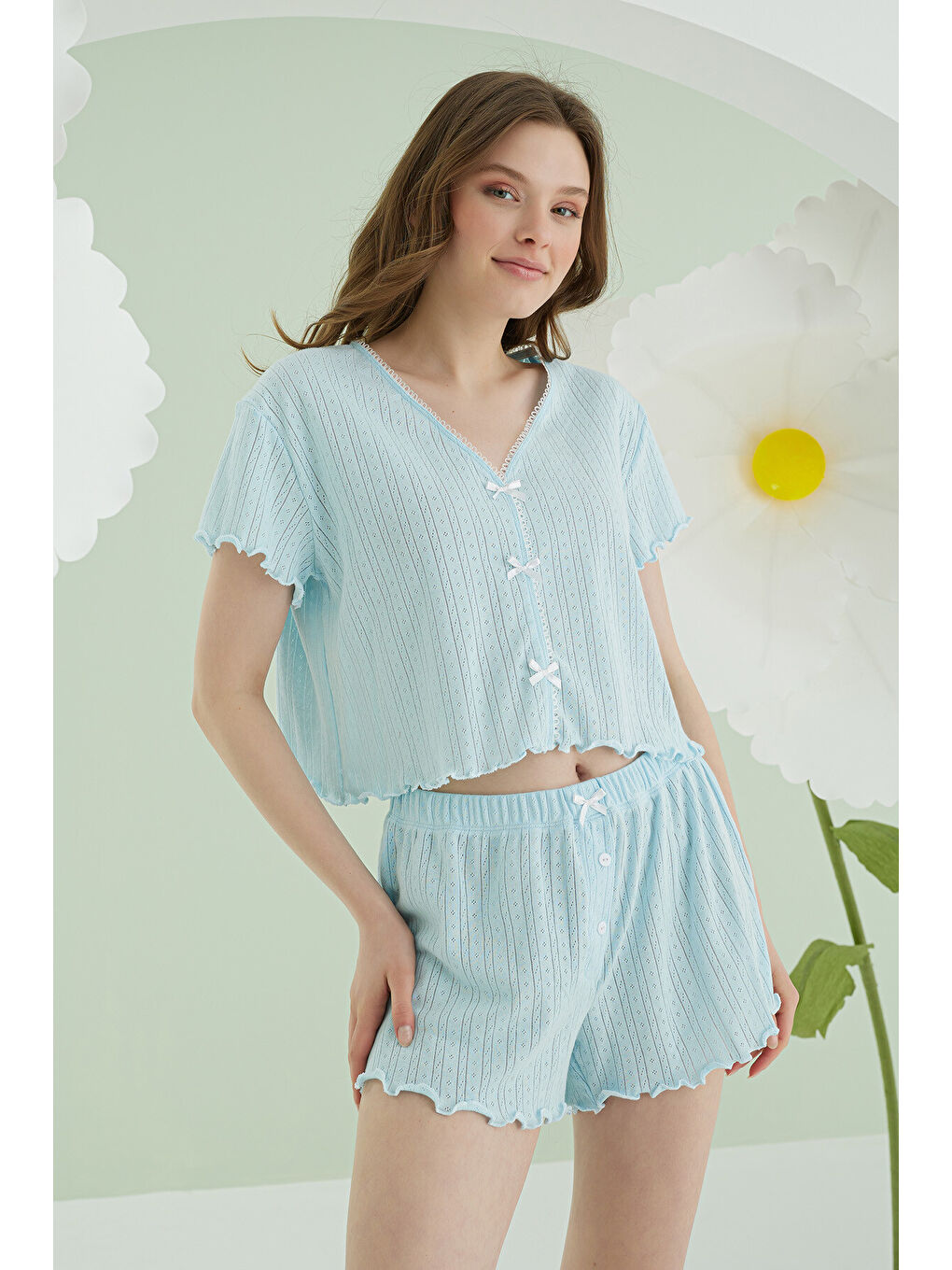 Mavi Ribbon Şortlu Pijama Takımı-2