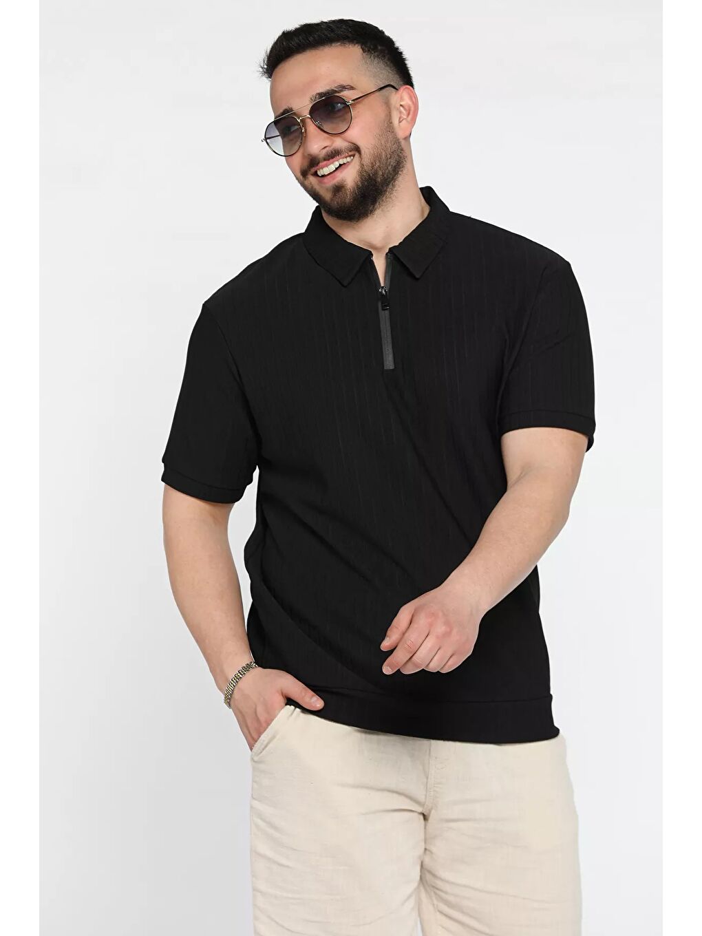 Siyah Erkek Polo Yaka Yarım Fermuarlı Tişört-1