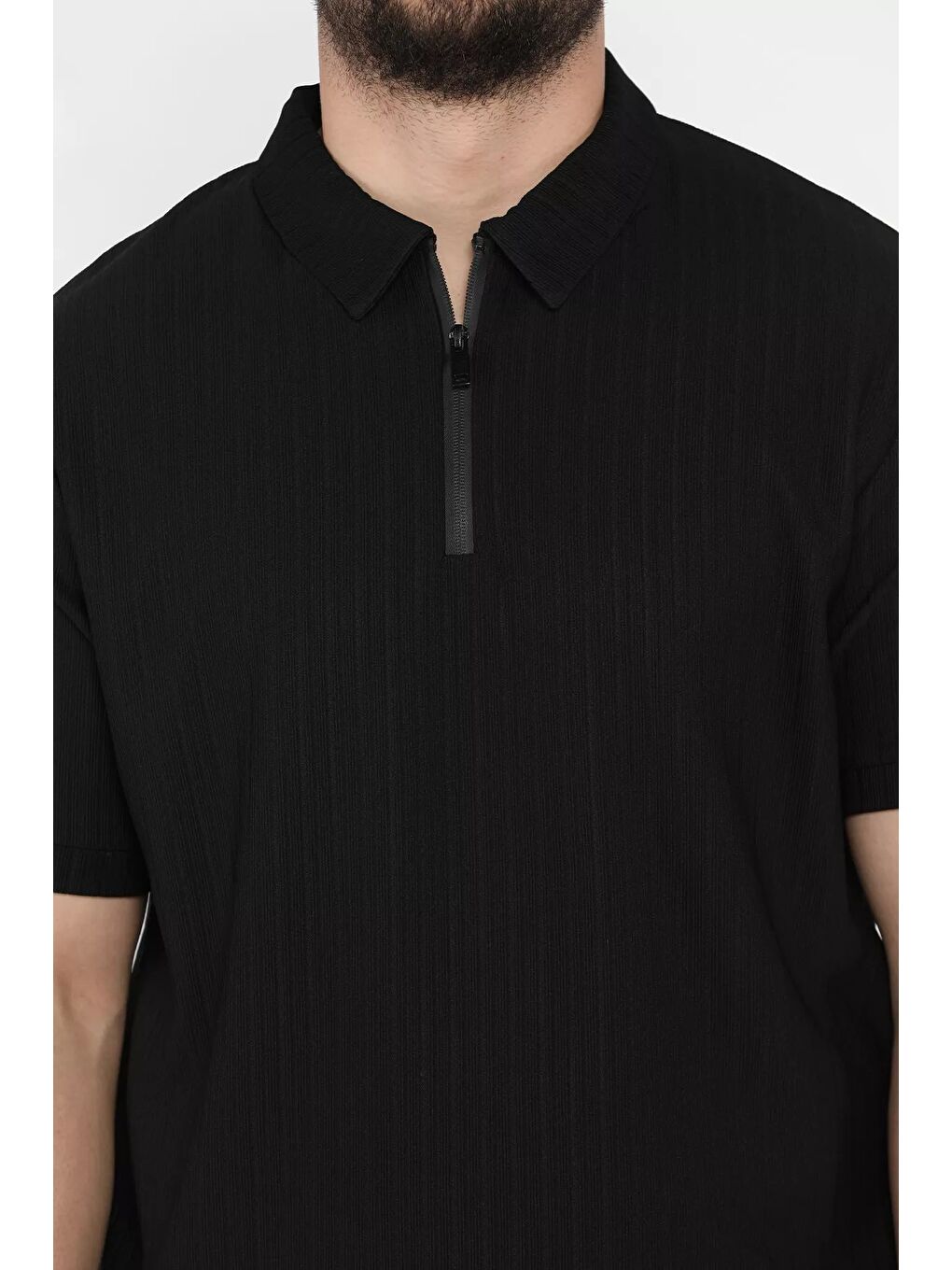Siyah Erkek Polo Yaka Yarım Fermuarlı Tişört-3